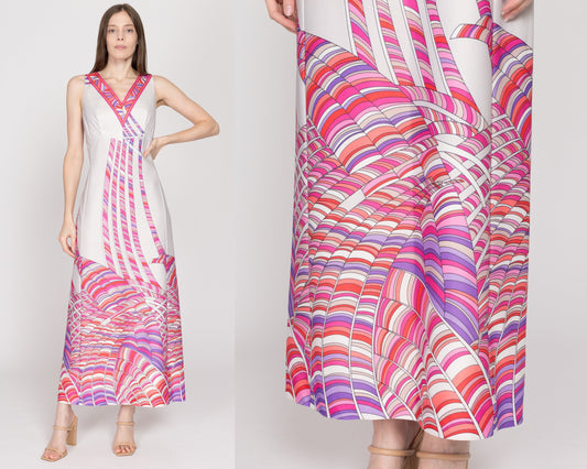 Med-Lrg 70s Psychedelic White & Pink Abstract Print Maxi Dress | Vintage Sleeveless Boho A Line Empire Waist Dress