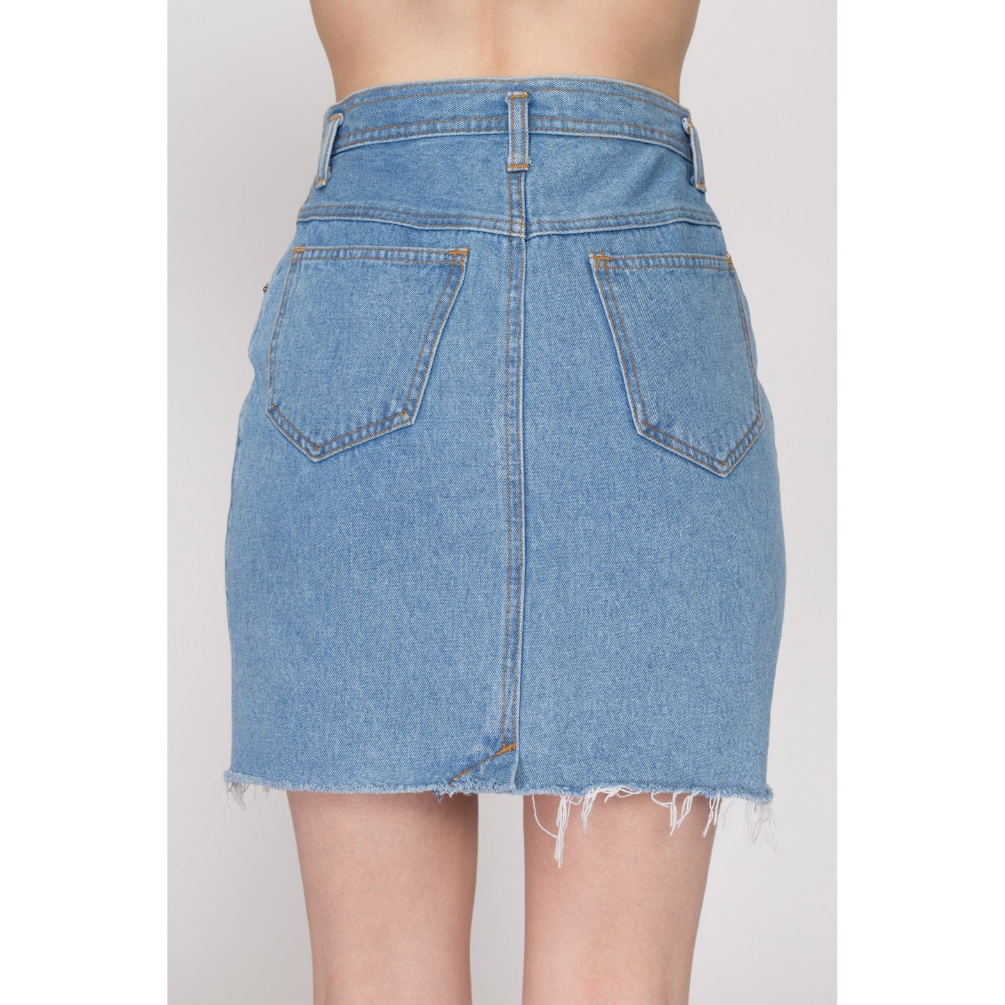 Small 90s Light Wash Denim Mini Skirt 26" | Vintage Cutoff Blue Jean High Waisted Fitted Pencil Skirt