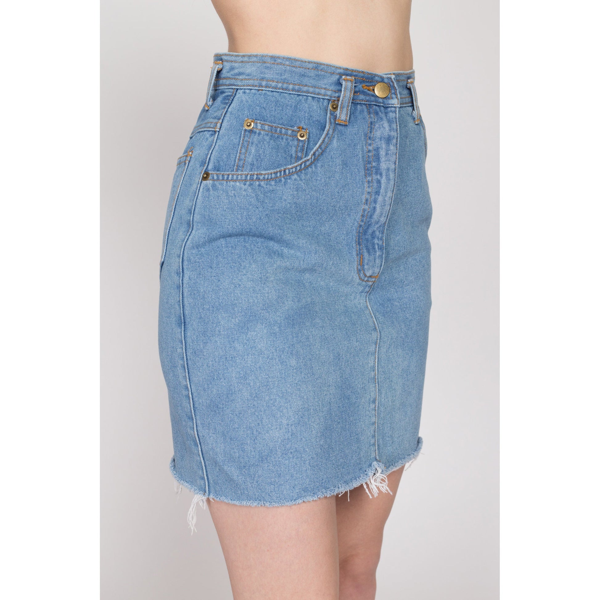 Small 90s Light Wash Denim Mini Skirt 26" | Vintage Cutoff Blue Jean High Waisted Fitted Pencil Skirt