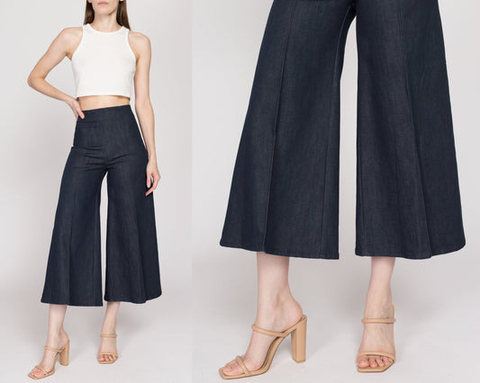 XS Y2K Dark Wash Culotte Jeans 24" | Vintage High Waisted Wide Leg Flared Stretchy Ankle Jeans