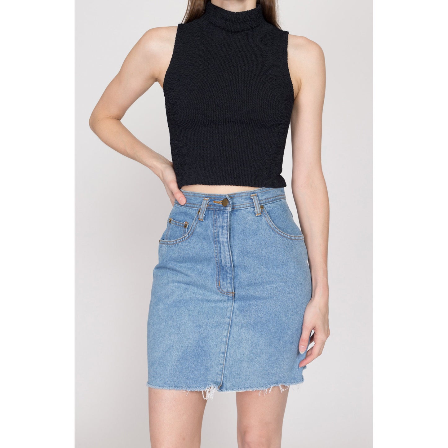 Small 90s Light Wash Denim Mini Skirt 26" | Vintage Cutoff Blue Jean High Waisted Fitted Pencil Skirt