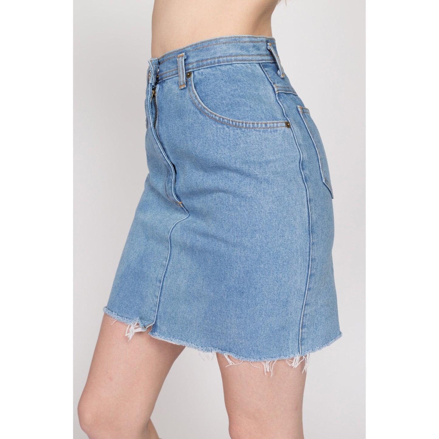 Small 90s Light Wash Denim Mini Skirt 26" | Vintage Cutoff Blue Jean High Waisted Fitted Pencil Skirt