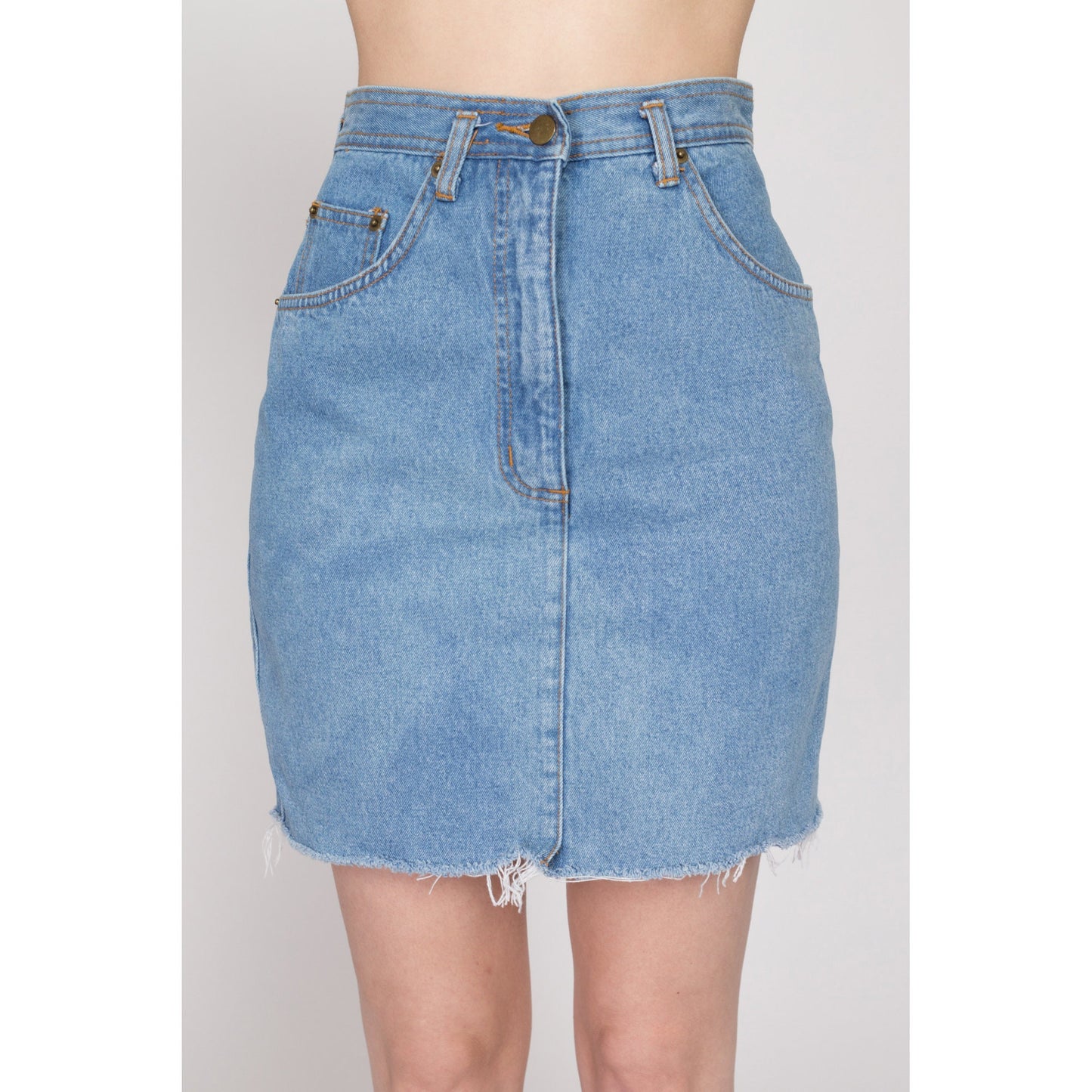 Small 90s Light Wash Denim Mini Skirt 26" | Vintage Cutoff Blue Jean High Waisted Fitted Pencil Skirt