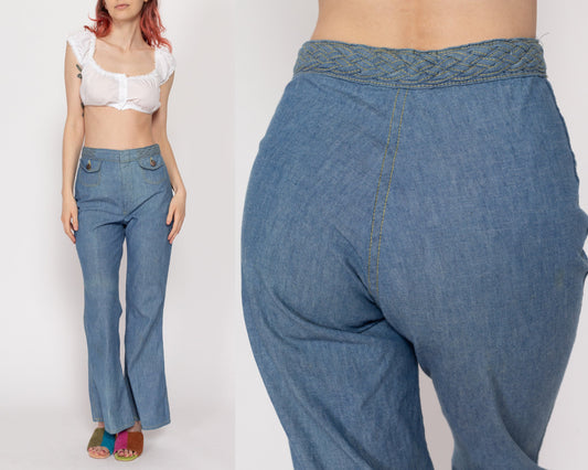 XS 70s Boho Woven Waist Flared Chambray Jeans | Vintage High Waisted Light Wash Denim Bell Bottoms