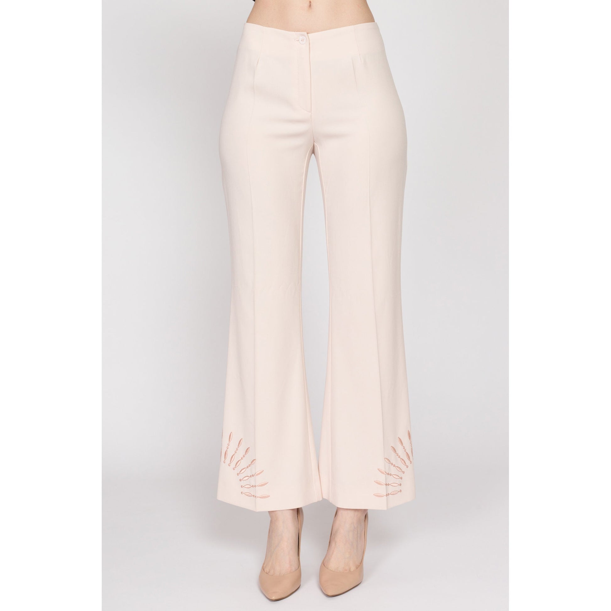 Small Y2K Blush Pink Embroidered Sunbeam Trousers | Vintage Mid Rise Flared Pants