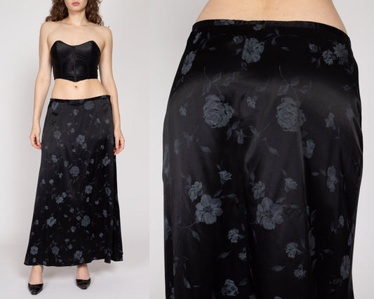 Large 80s Black Floral Satin Maxi Skirt | Vintage Gothic Grunge A Line Flowy Skirt