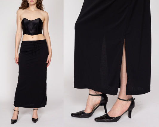 Medium 90s Black Drawstring Waist Maxi Skirt | Vintage Minimalist High Waisted Slinky Straight Skirt