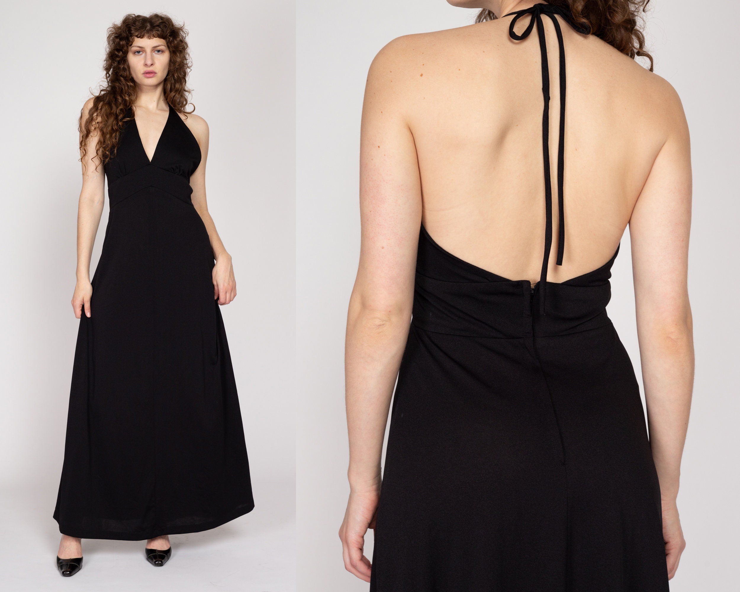 Medium 70s Black Halter Maxi Dress Flying Apple Vintage