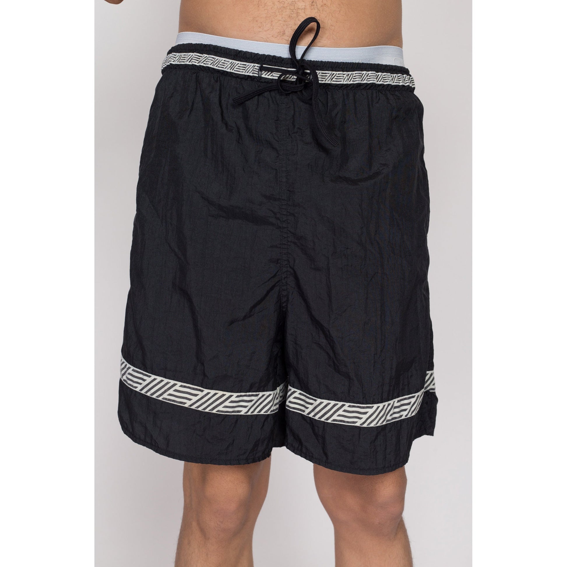 Medium 90s Black & White Striped Board Shorts | Vintage Swimming Trunks