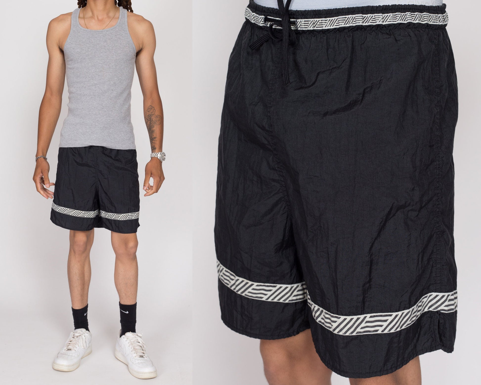 Medium 90s Black & White Striped Board Shorts | Vintage Swimming Trunks