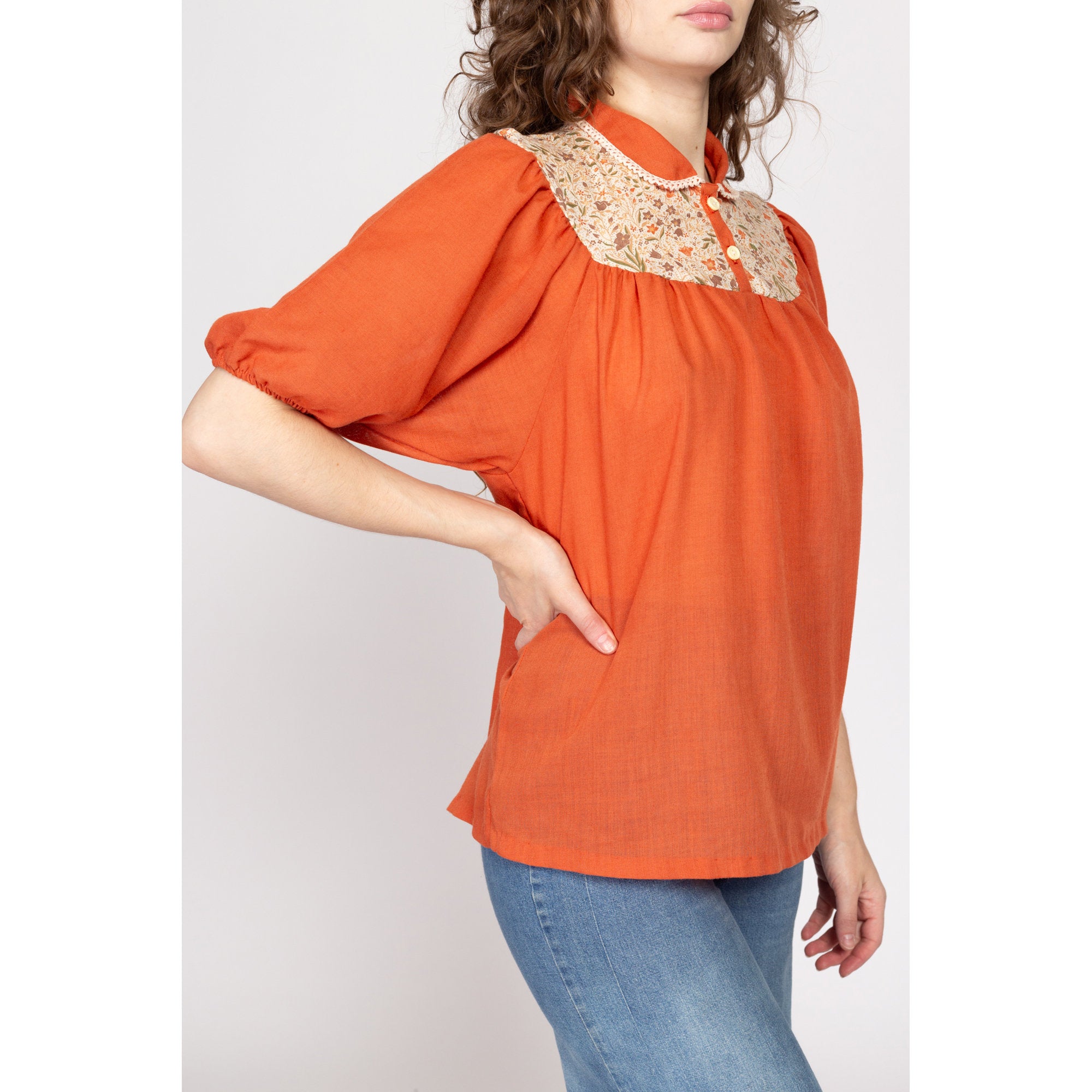 Large 70s Burnt Orange Gauzy Puff Sleeve Peasant Blouse Flying Apple Vintage