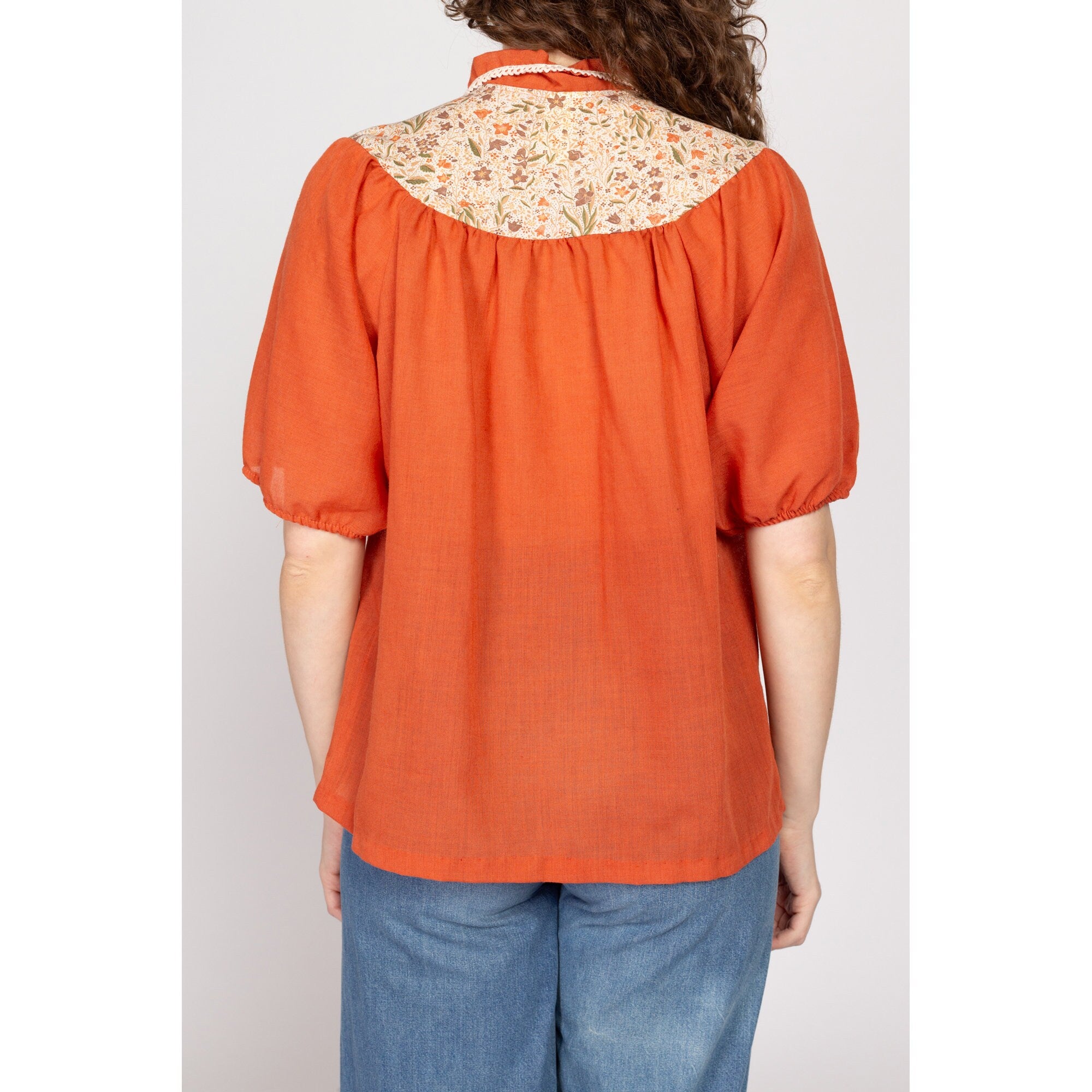 Large 70s Burnt Orange Gauzy Puff Sleeve Peasant Blouse Flying Apple Vintage