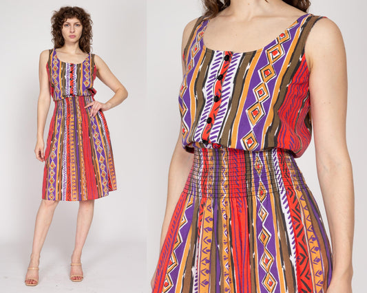 Medium 80s Southwestern Striped Midi Dress | Vintage Boho Sleeveless Blouson Sundress