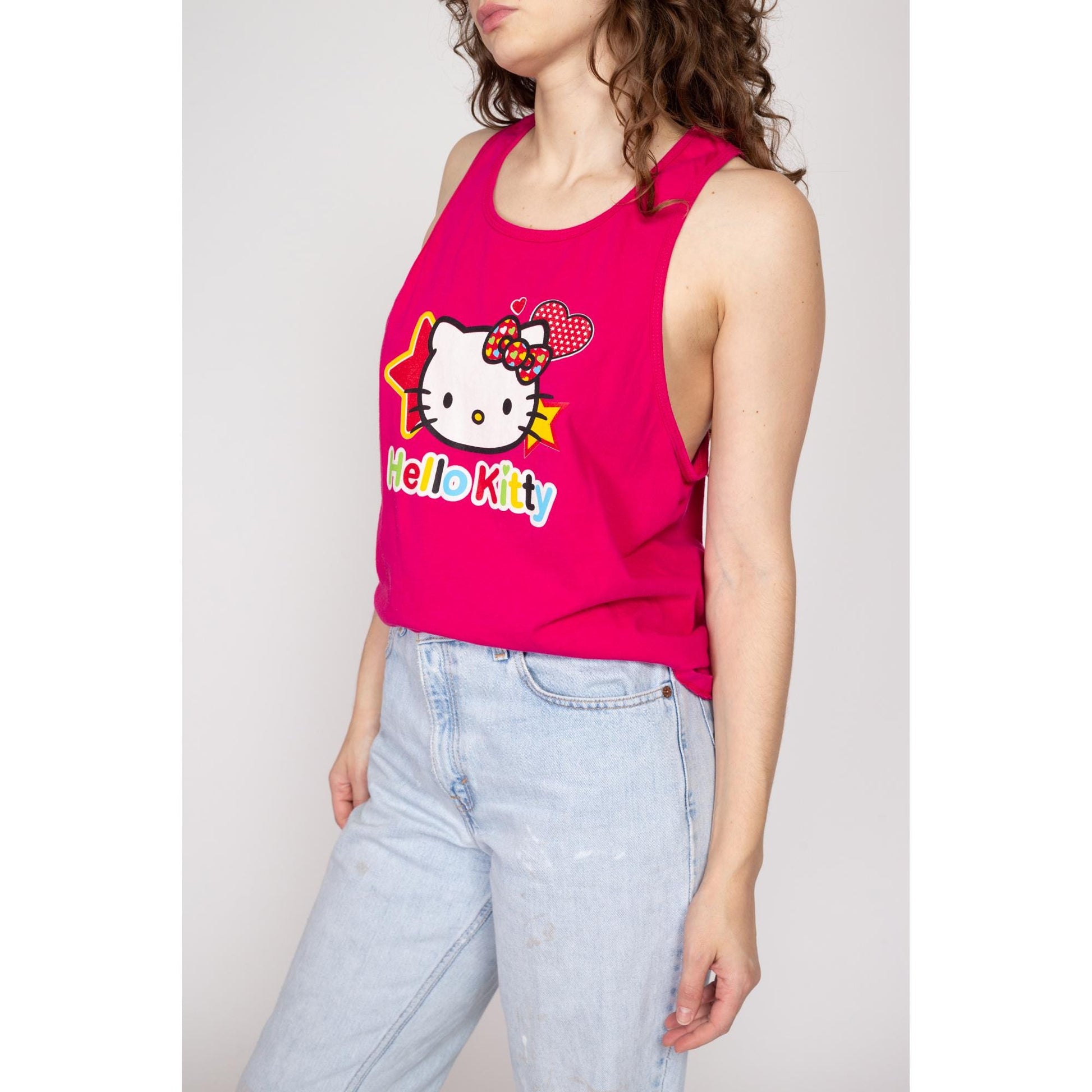 Medium 90s Hello Kitty Hot Pink Tank Top | Vintage Sanrio Cartoon Cat Graphic Shirt