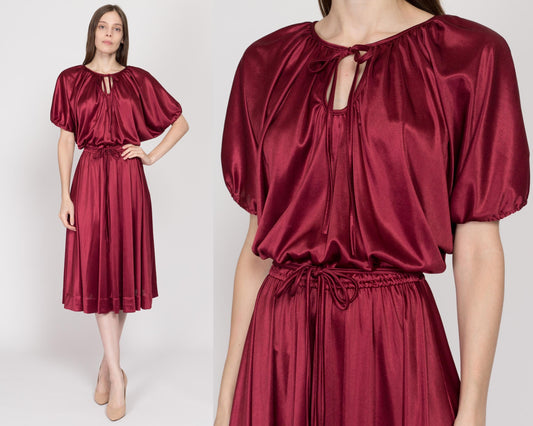 Medium 70s Wine Red Liquid Satin Blouson Midi Dress | Vintage Jody T Batwing Sleeve Disco Party Dress