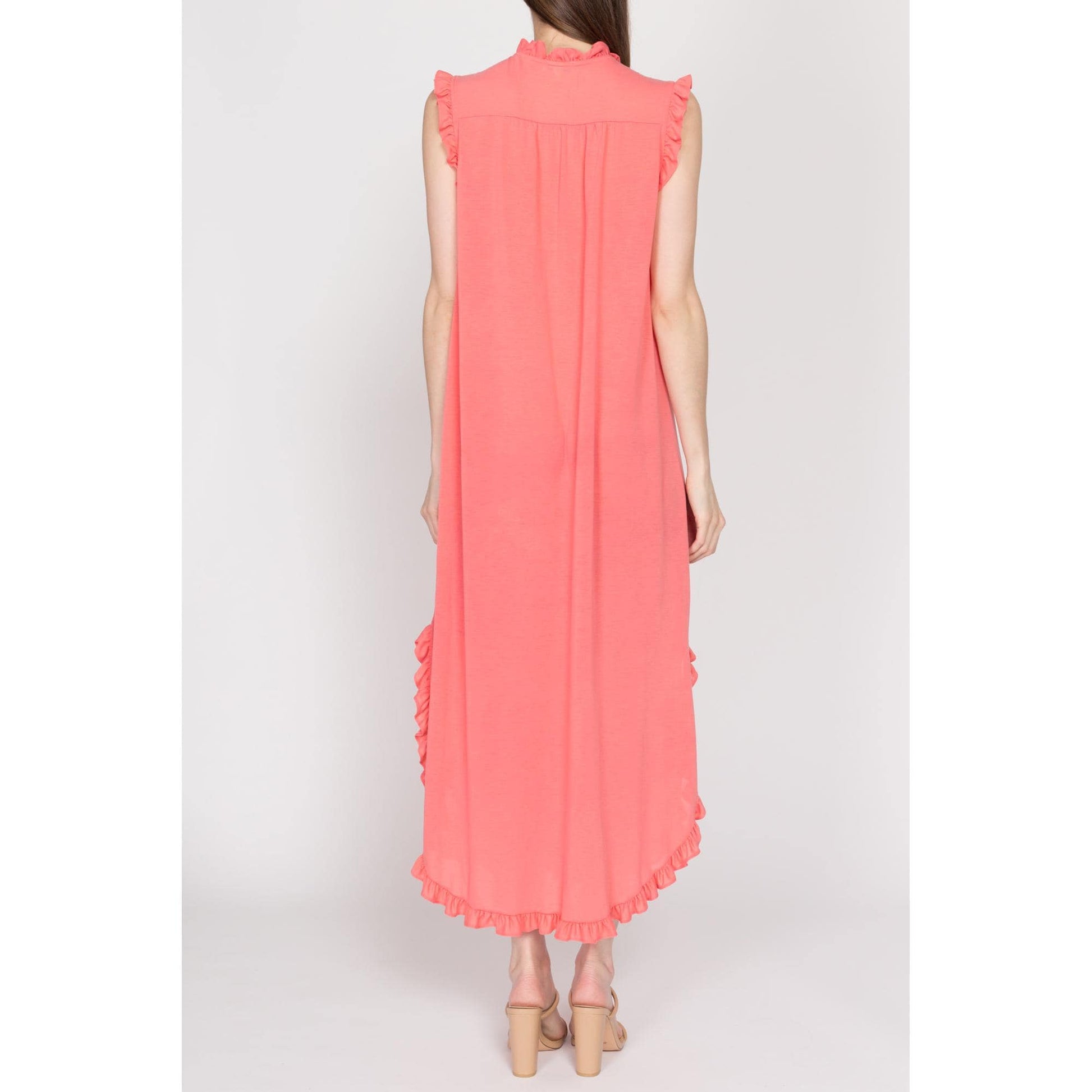 Medium 70s Coral Pink Ruffle Lounge Dress | Vintage Loungewear Sleeveless Maxi House Dress