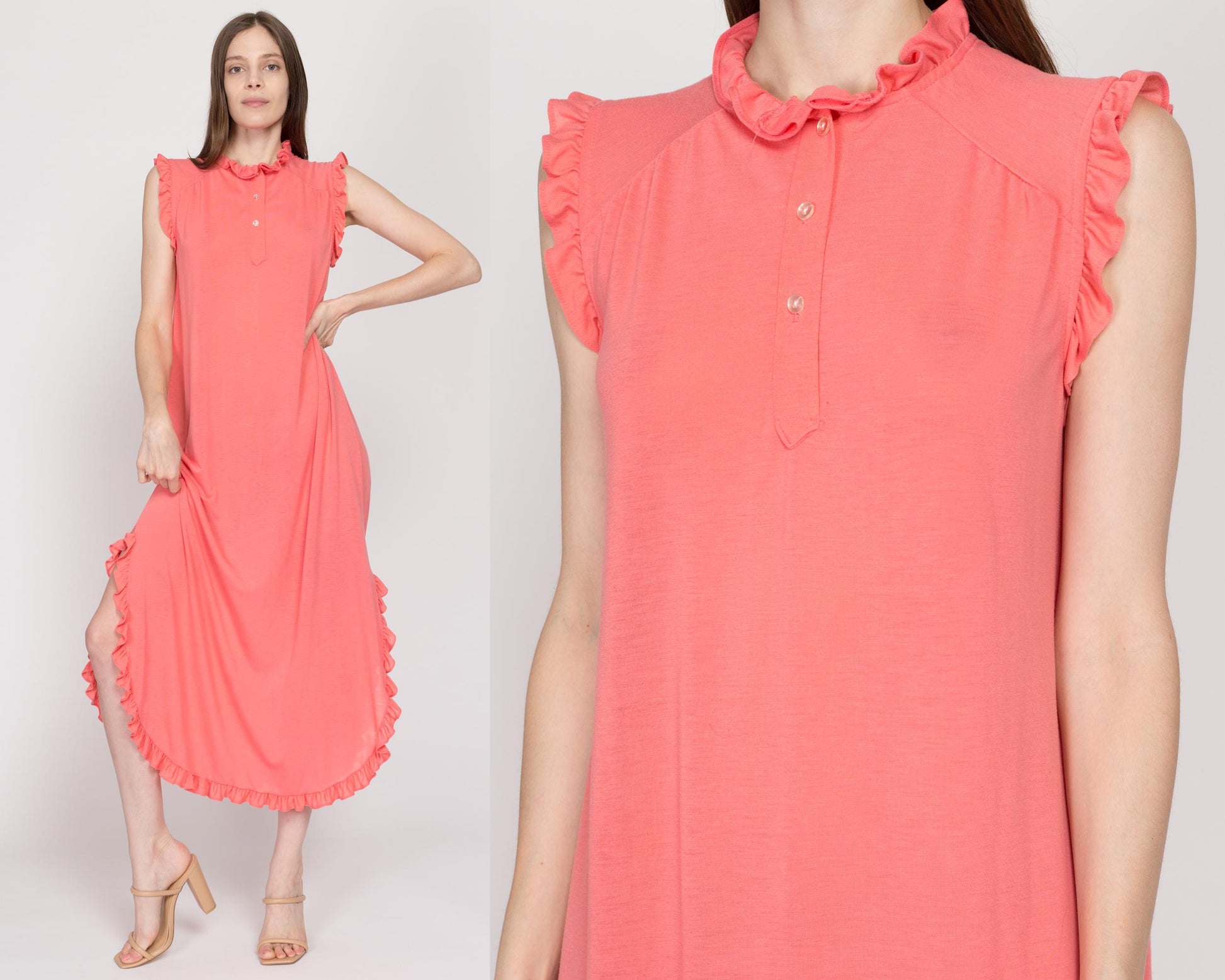 Medium 70s Coral Pink Ruffle Lounge Dress | Vintage Loungewear Sleeveless Maxi House Dress