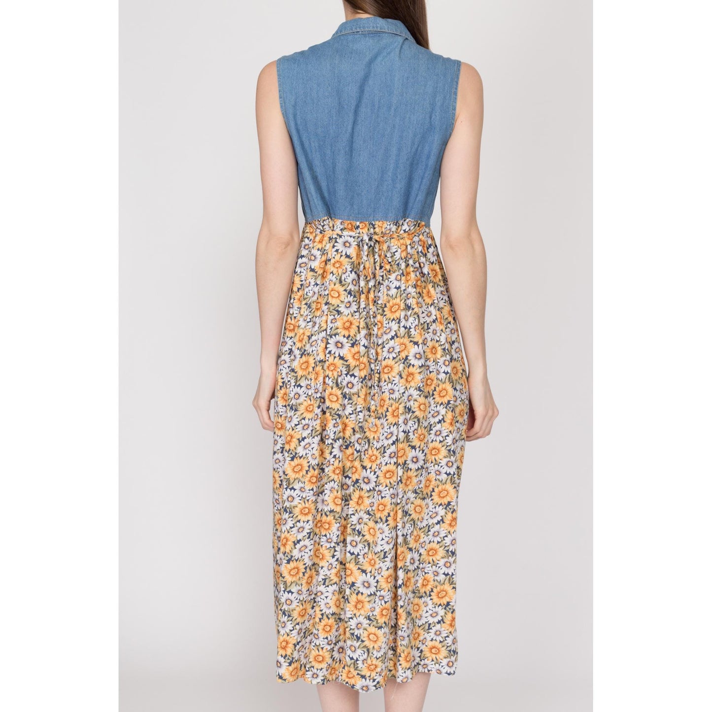 Small 90s Daisy Floral & Chambray Midi Dress | Vintage Denim Bodice Boho Tie Back Sundress