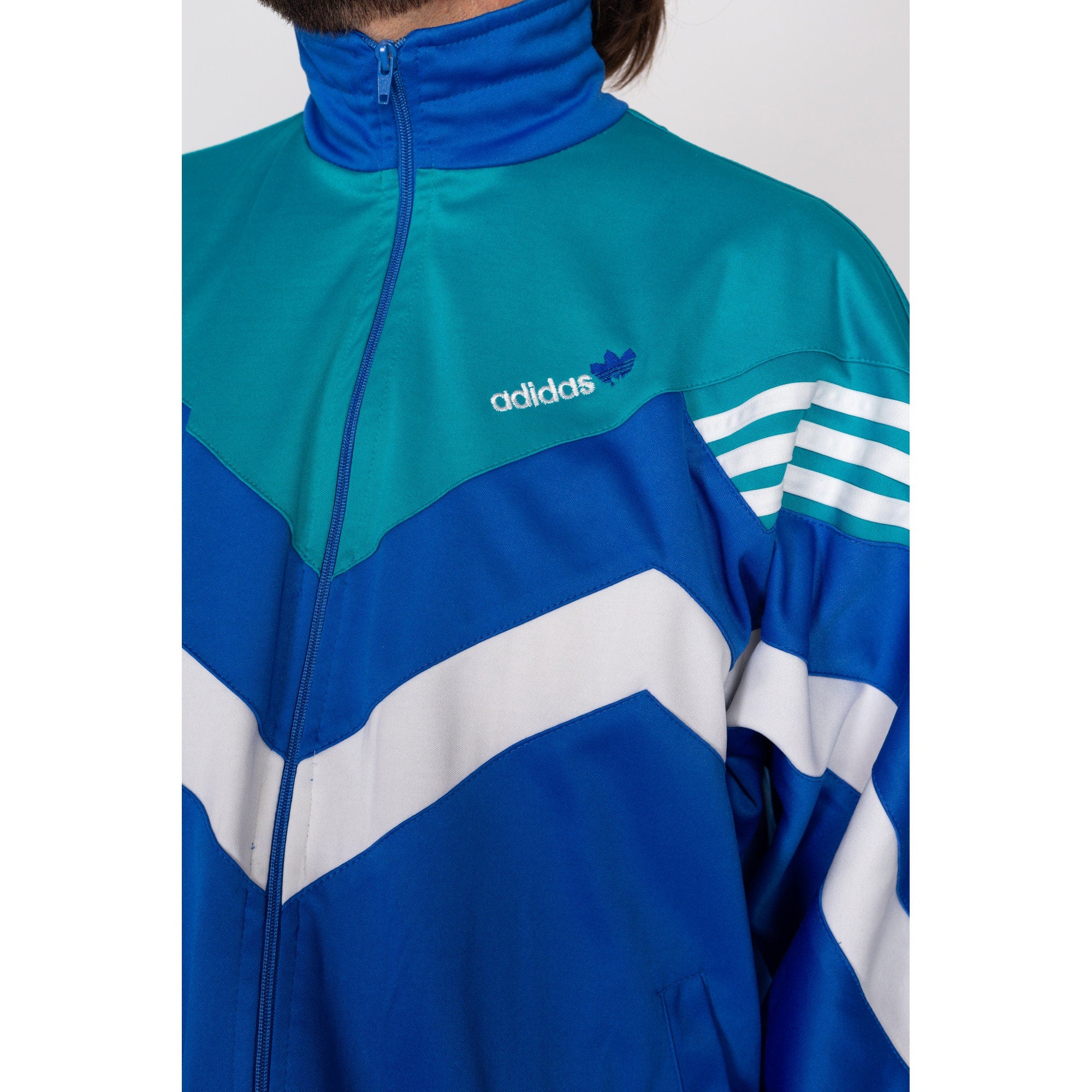 Mens buy Adidas Vintage Colorblock Vintage Windbreaker White Blue Size Large