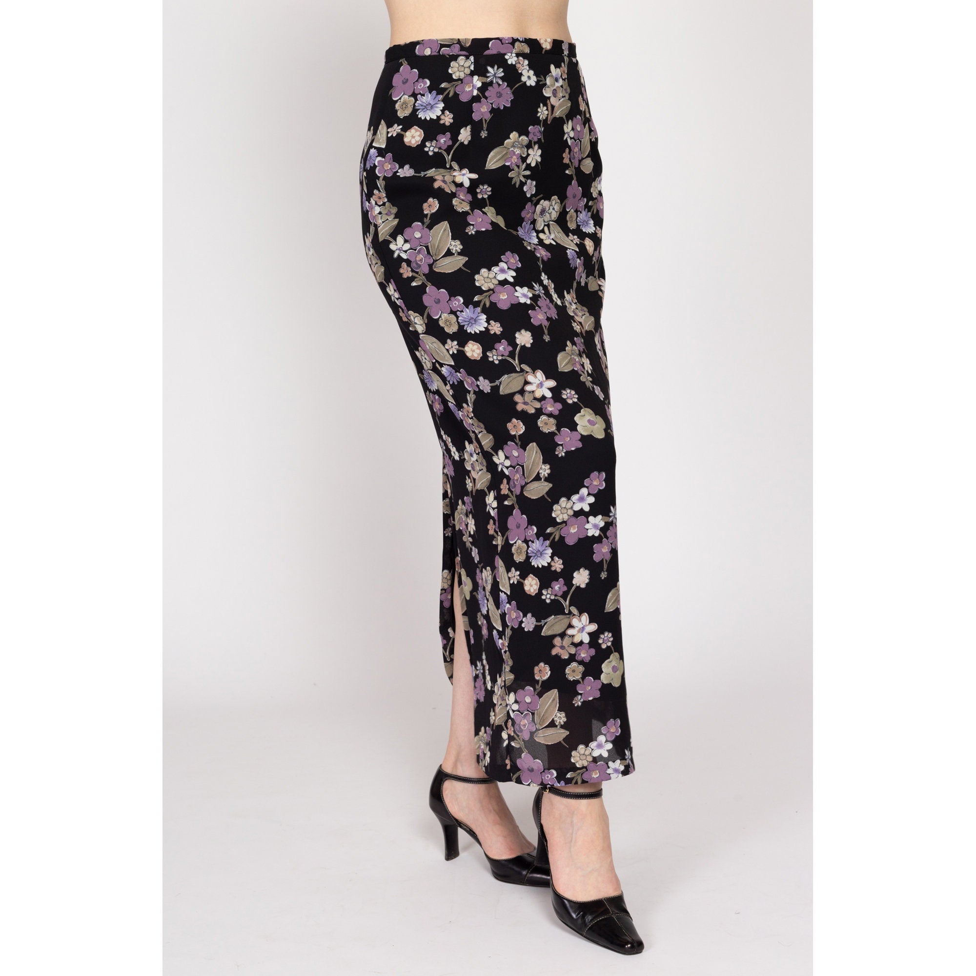 Medium 90s Black Floral High Waisted Maxi Skirt Flying Apple Vintage