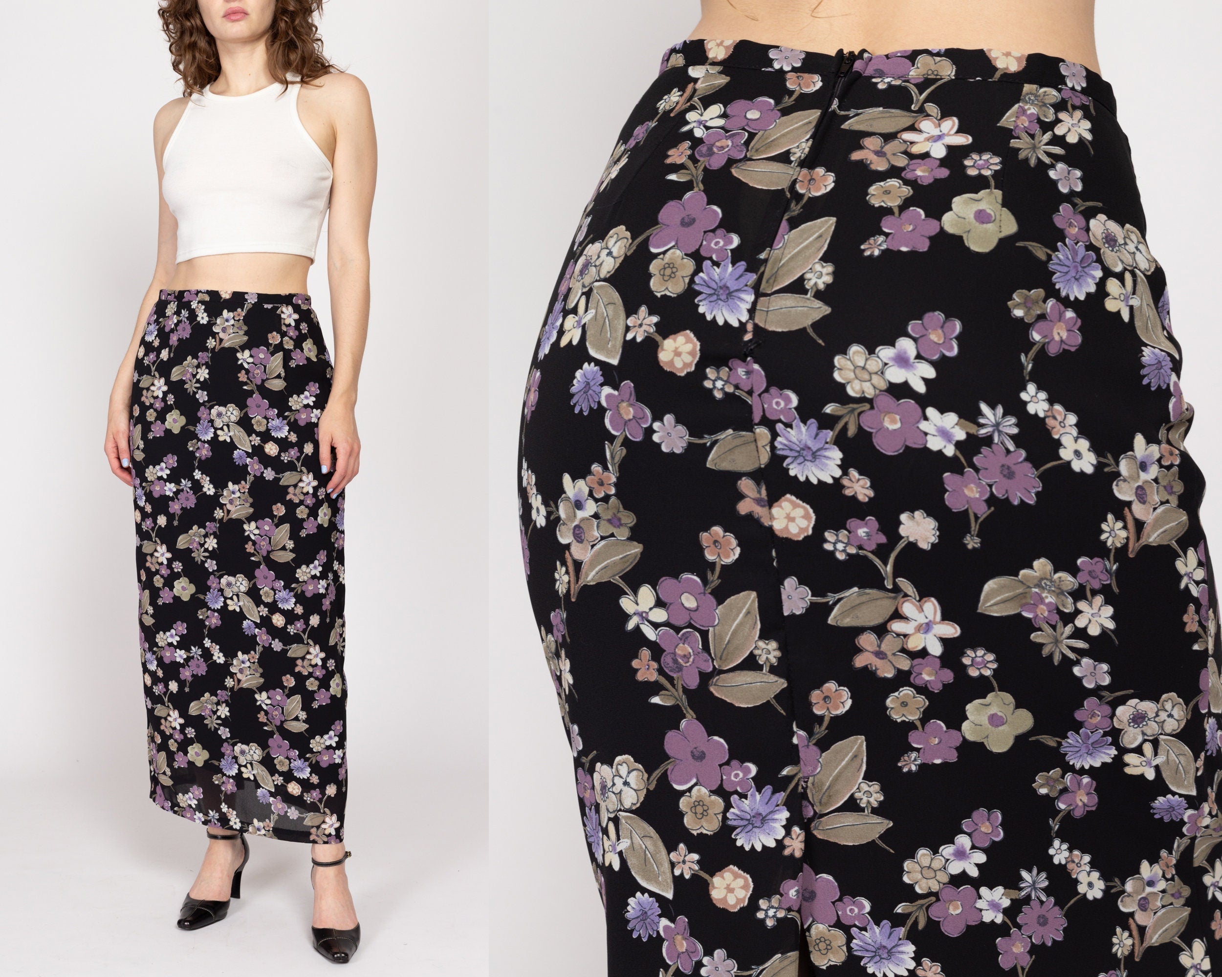 Medium 90s Black Floral High Waisted Maxi Skirt Flying Apple Vintage