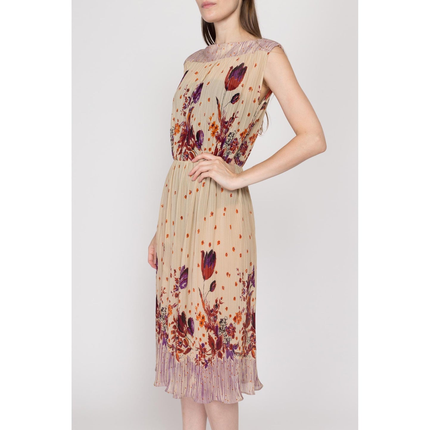 Med-Lrg 70s Tan Floral Plisse Midi Dress | Vintage Sheer Cap Sleeve Boho Pleated Dress