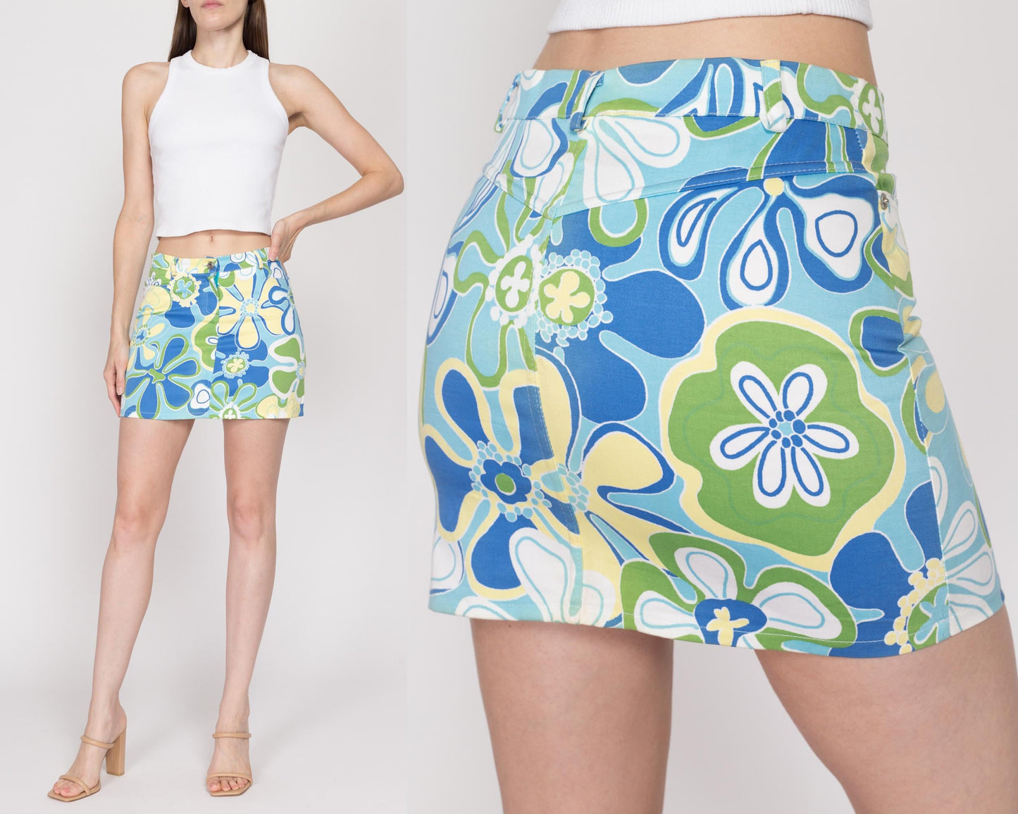 XS-Sm Y2K Flower Power Mid Rise Mini Skirt | Vintage Blue Green Yellow A Line Boho Floral Skirt