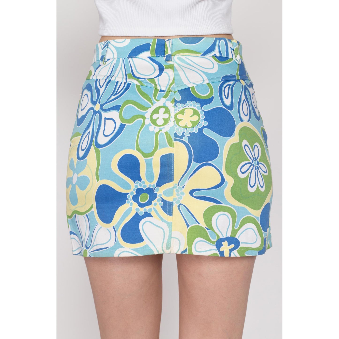 XS-Sm Y2K Flower Power Mid Rise Mini Skirt | Vintage Blue Green Yellow A Line Boho Floral Skirt