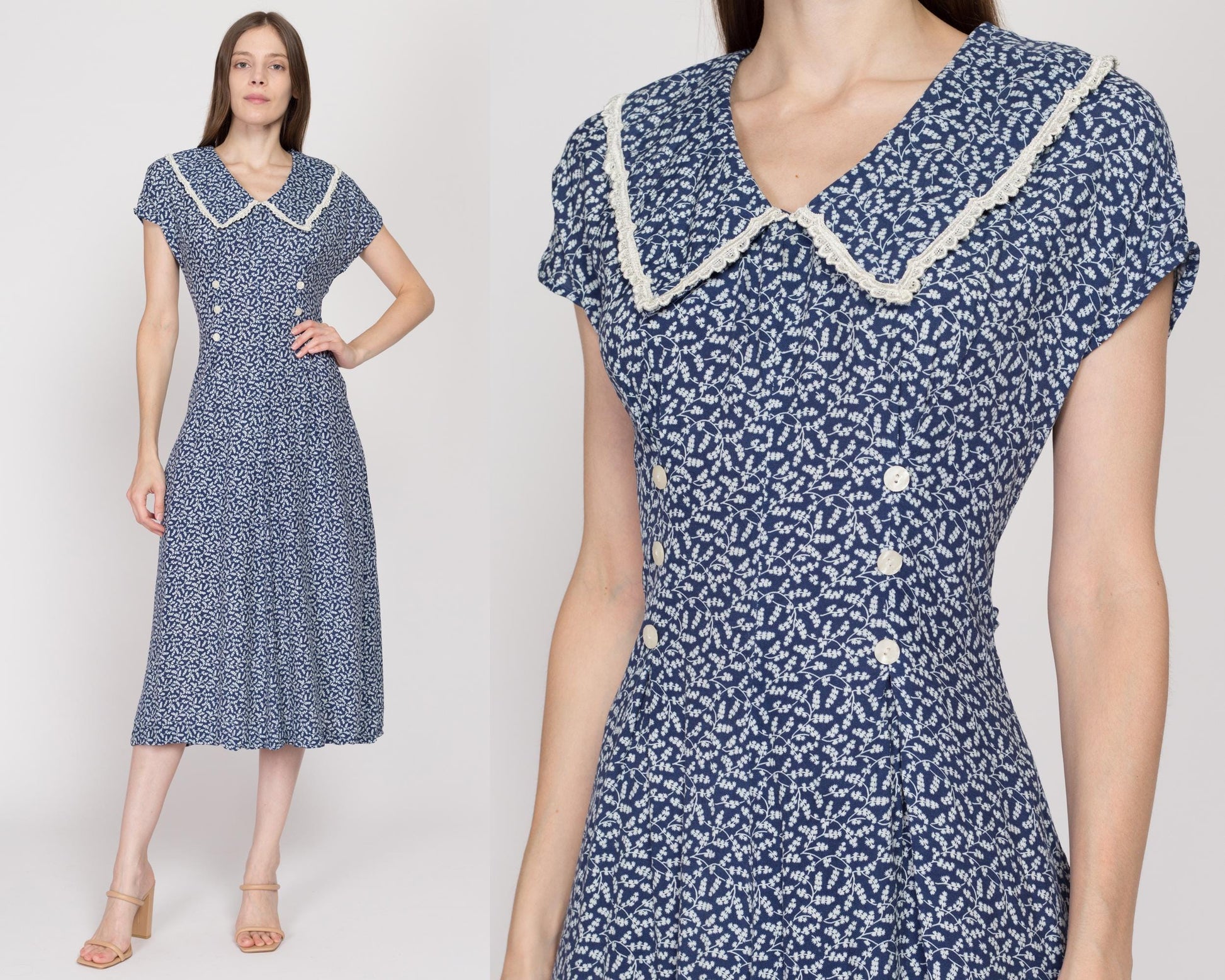 Small 80s Does 40s Blue Floral Midi Dress | Vintage Lace Trim Chelsea Collar Cap Sleeve Tie Back Secretary Dress