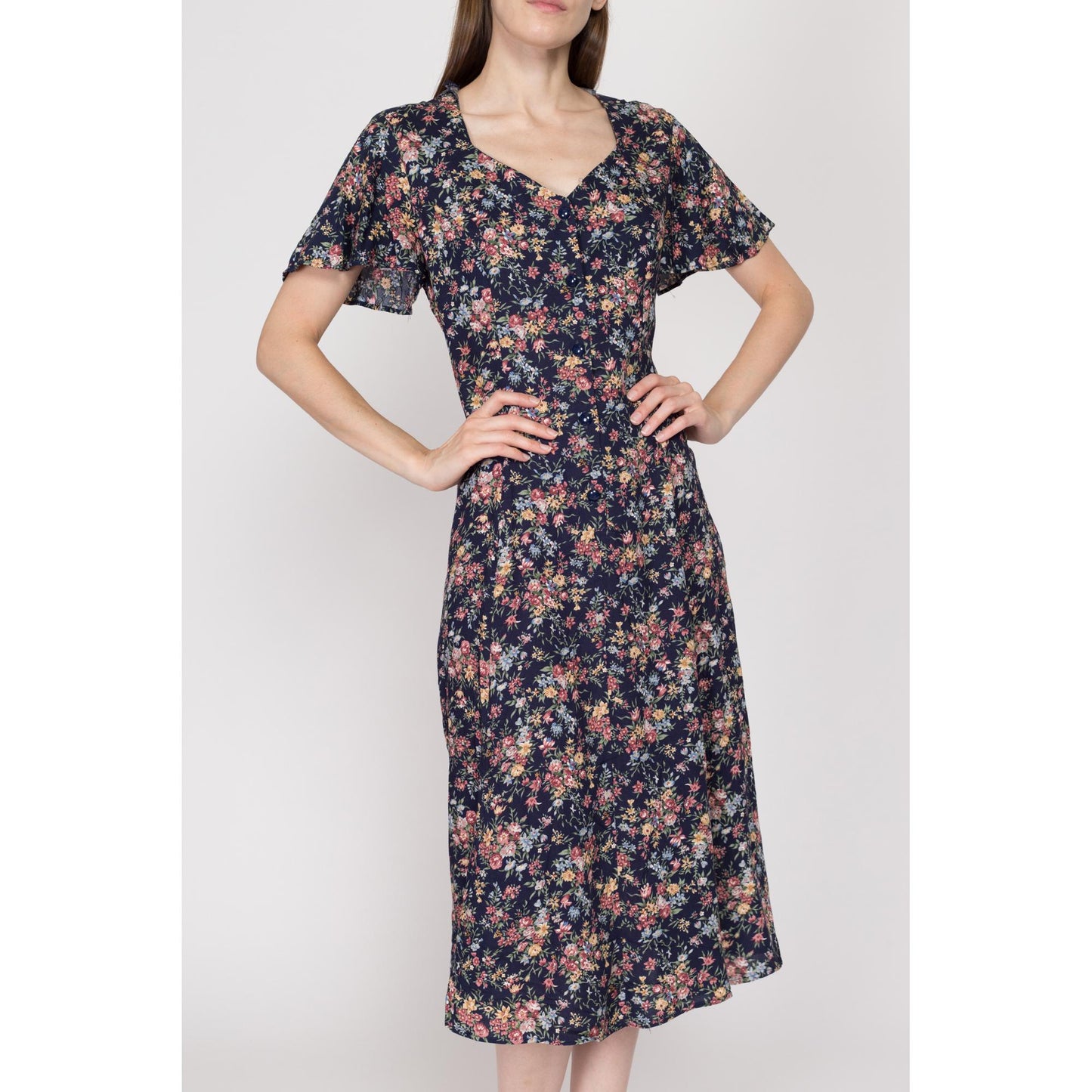 Medium 90s Navy Blue Floral Tie Back Midi Dress | Vintage Button Front Flutter Sleeve Boho Grunge Sundress