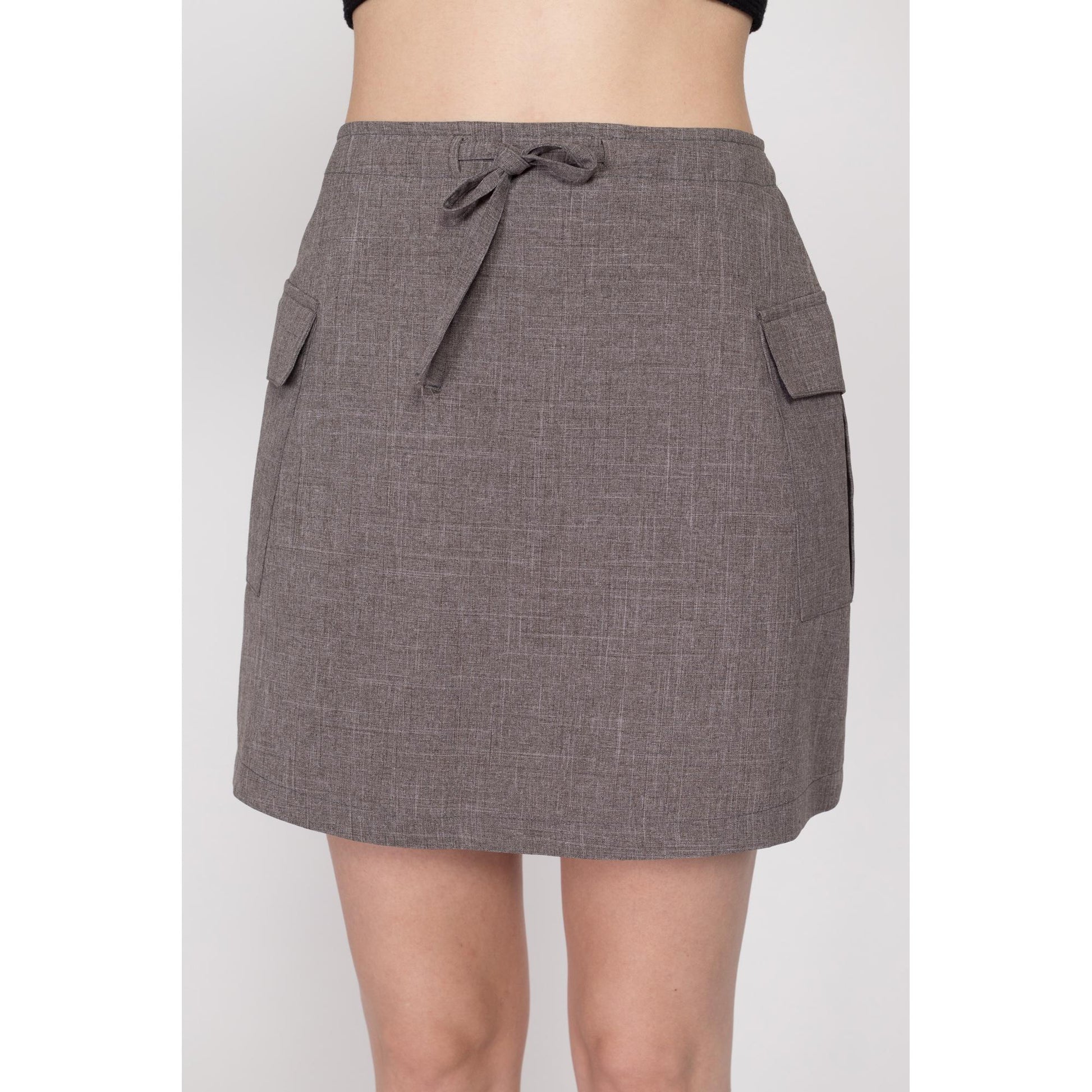 Small 90s Grey Cargo Pocket Mini Skirt 26" | Vintage High Waisted Drawstring A Line Grunge Miniskirt