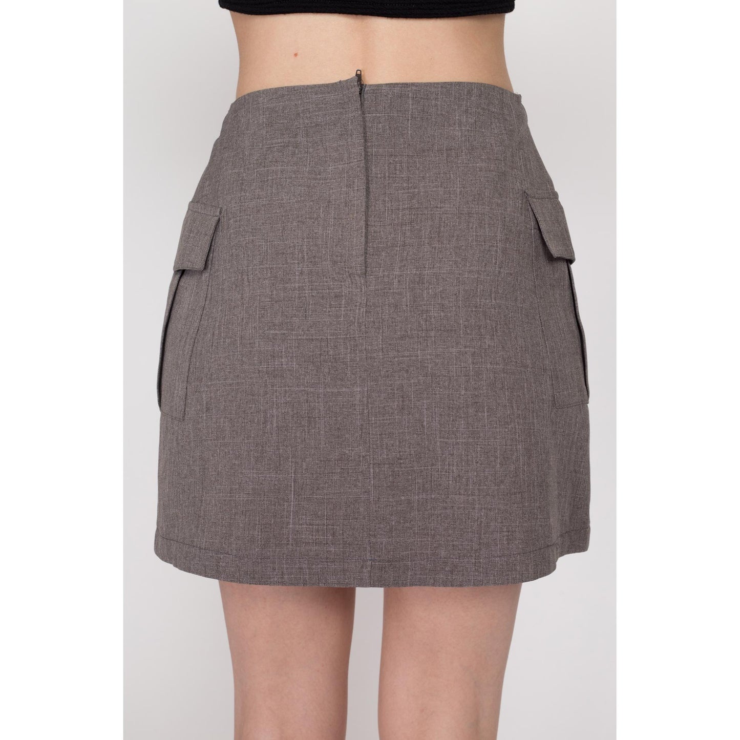 Small 90s Grey Cargo Pocket Mini Skirt 26" | Vintage High Waisted Drawstring A Line Grunge Miniskirt