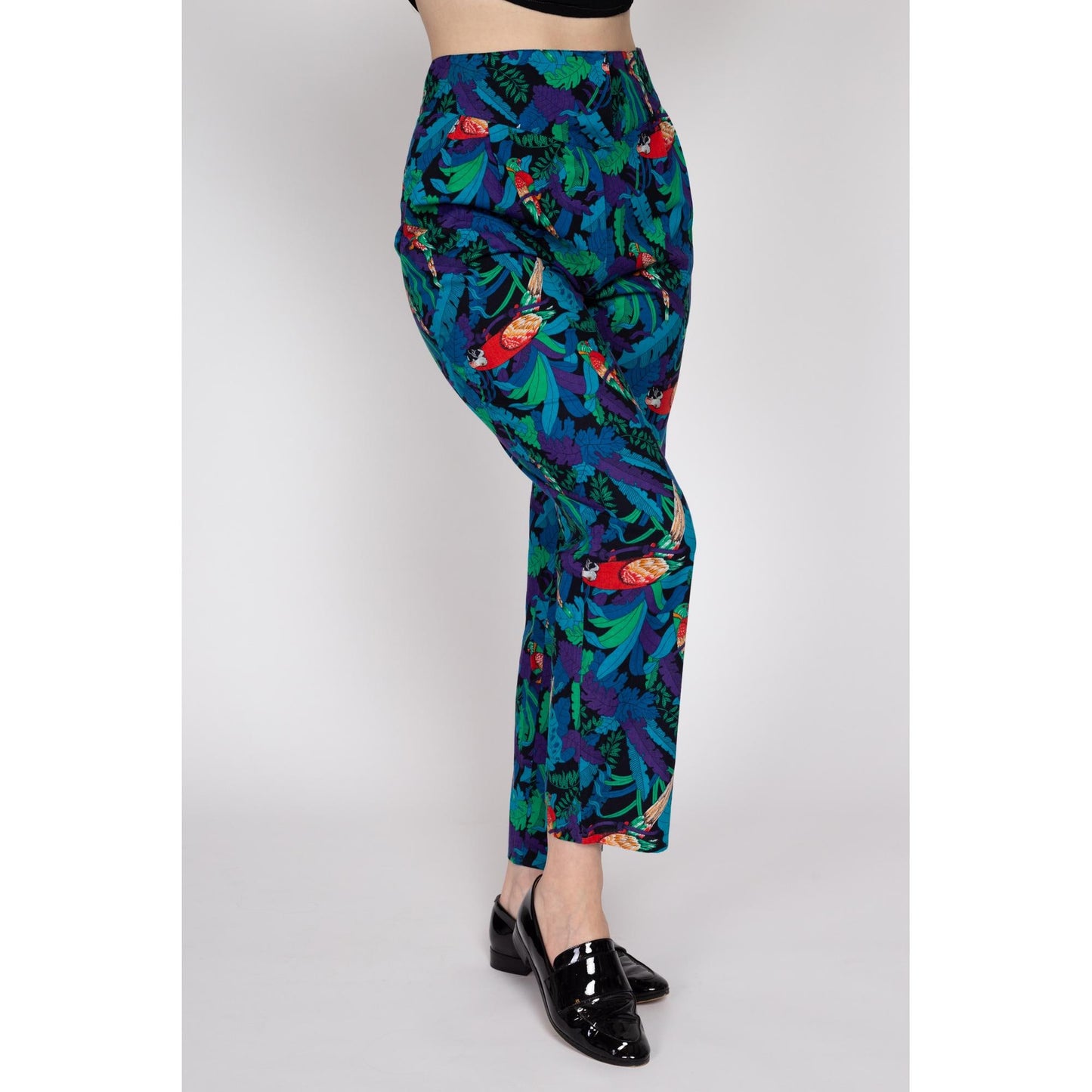 Medium 80s Tropical Parrot Print High Waisted Pants 29" | Vintage Floral Leaf Print Tapered Leg Retro Trousers