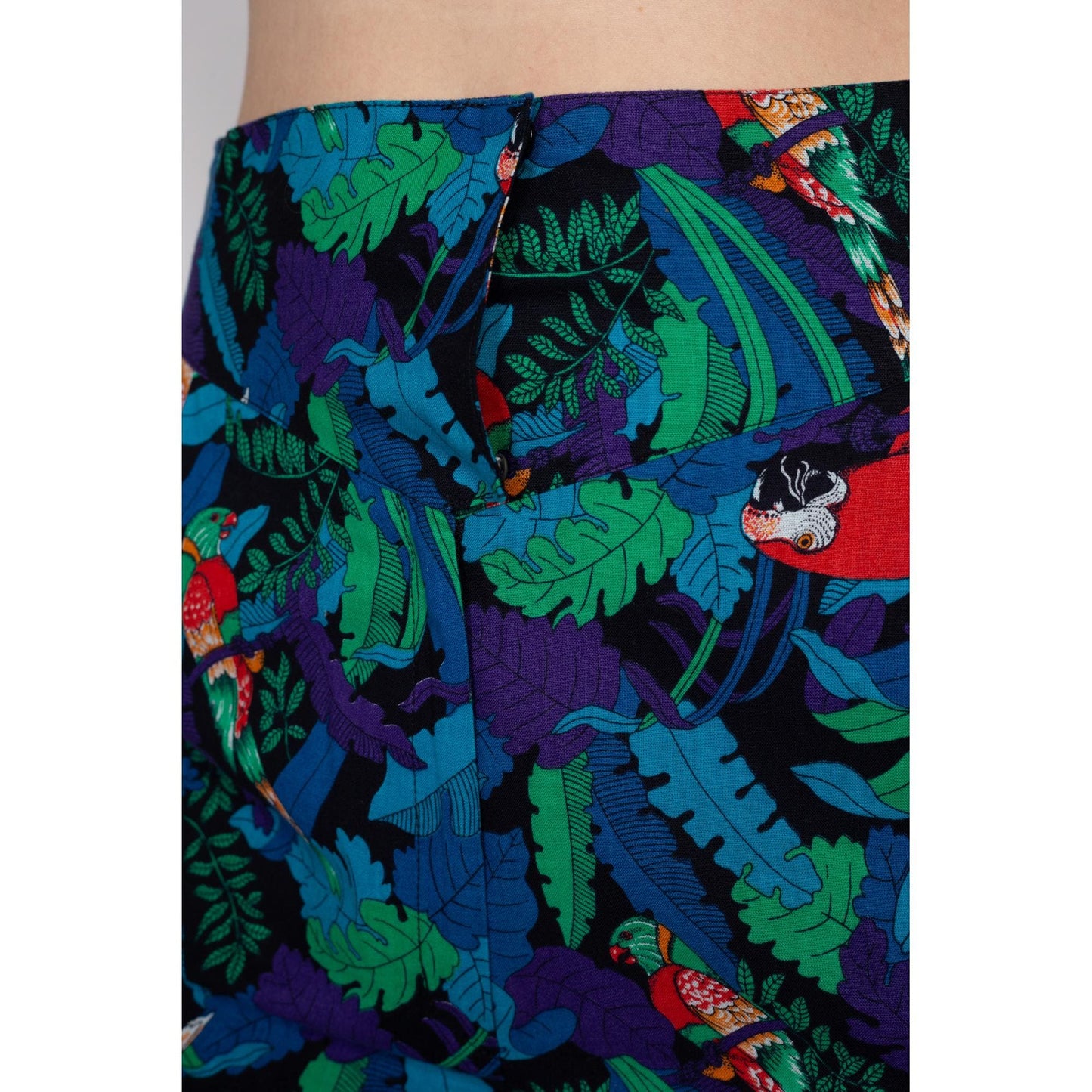 Medium 80s Tropical Parrot Print High Waisted Pants 29" | Vintage Floral Leaf Print Tapered Leg Retro Trousers