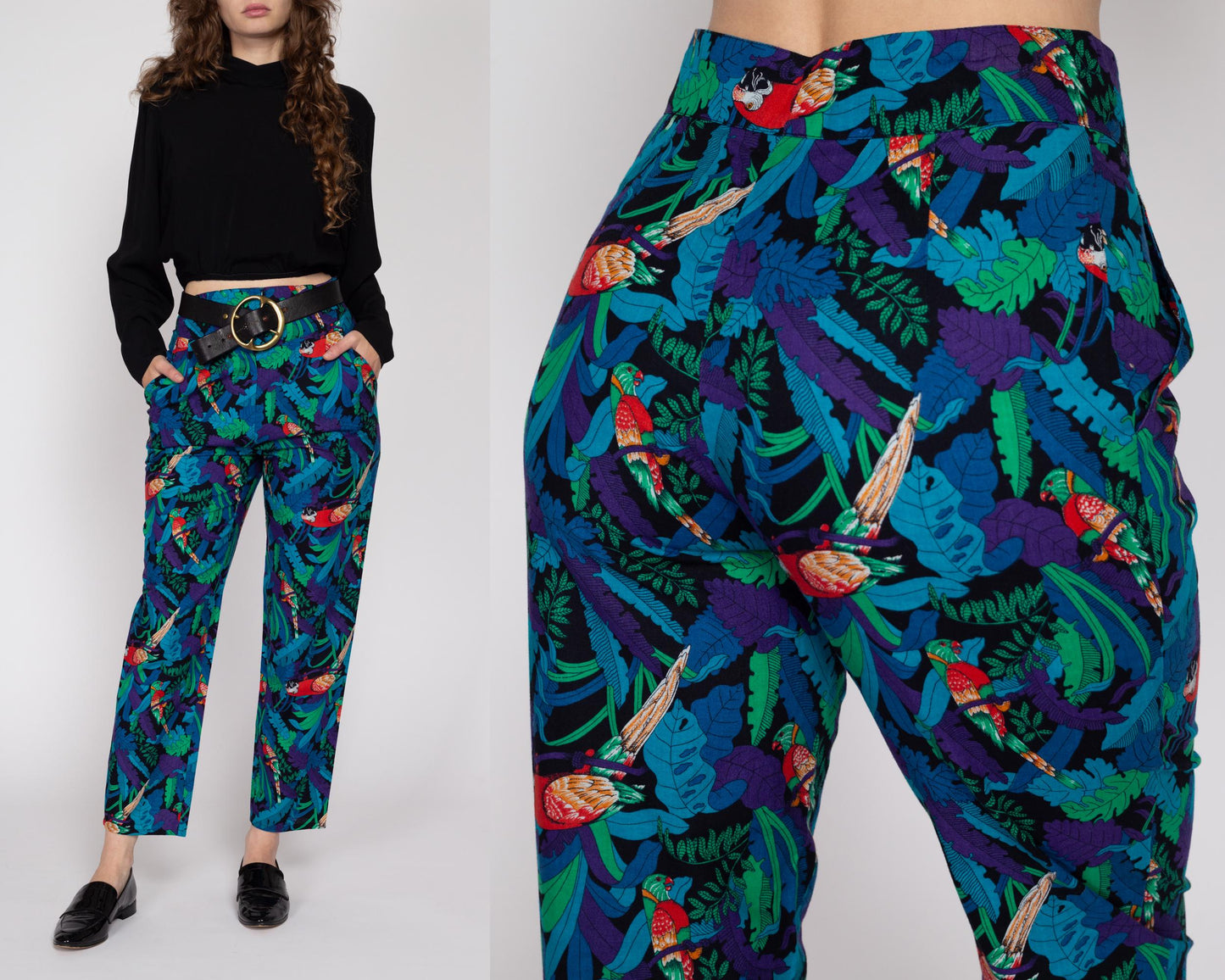 Medium 80s Tropical Parrot Print High Waisted Pants 29" | Vintage Floral Leaf Print Tapered Leg Retro Trousers