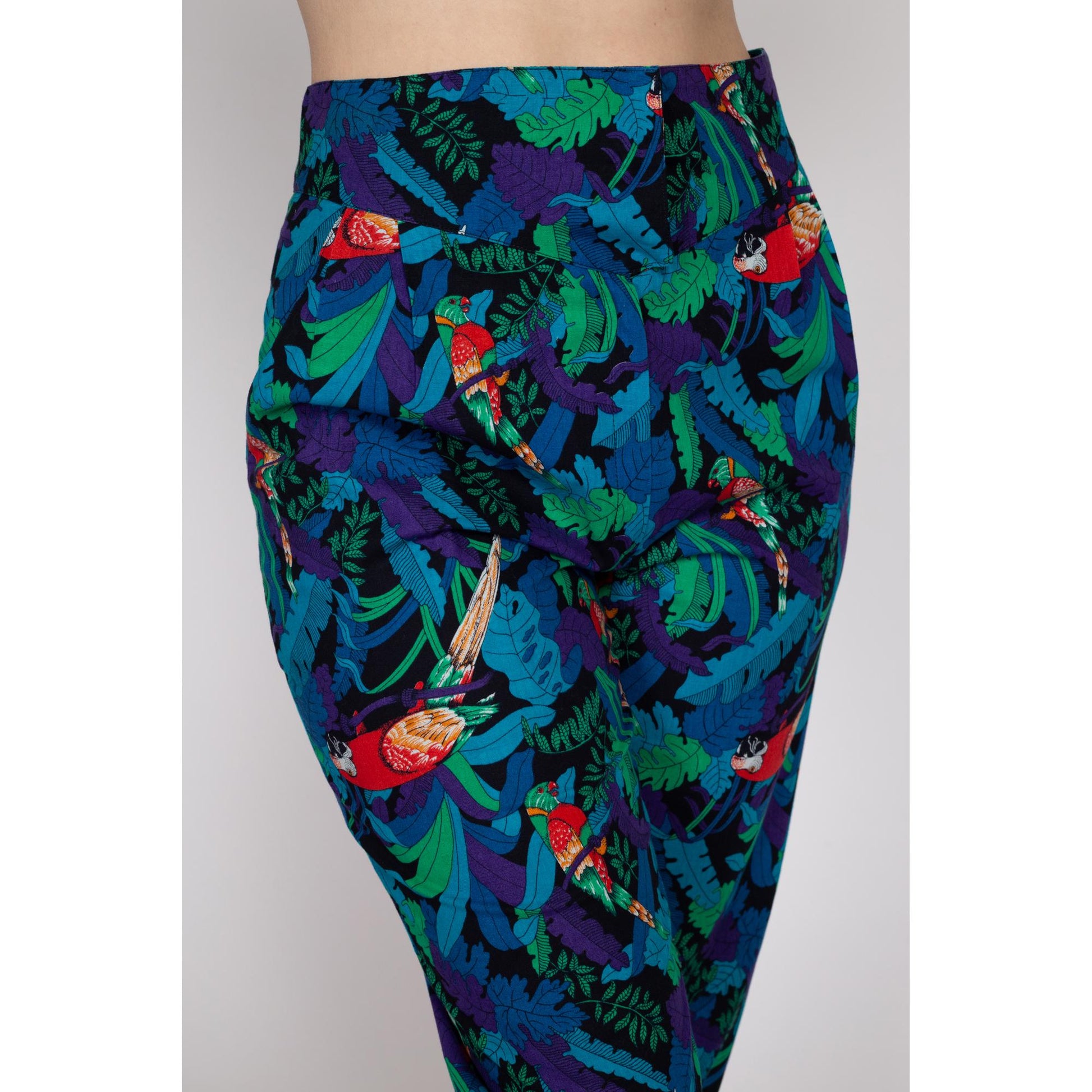 Medium 80s Tropical Parrot Print High Waisted Pants 29" | Vintage Floral Leaf Print Tapered Leg Retro Trousers