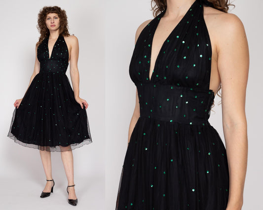 Medium Y2K Gothic Marilyn Monroe Bombshell Party Dress | Vintage Black Sequined Halter Fit & Flare Retro Midi Prom Dress