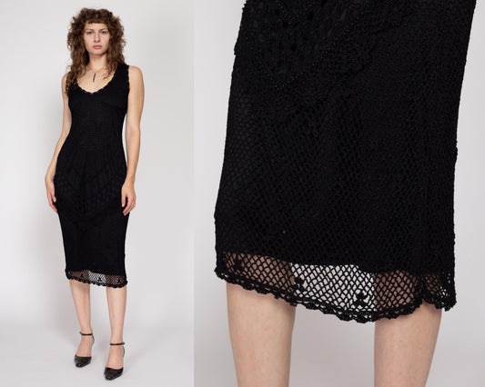 Medium 90s Black Beaded Crochet Net Dress | Vintage Slinky Fitted Sleeveless Knit Midi Dress