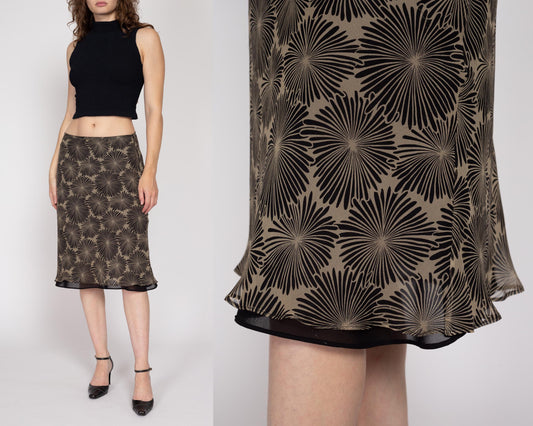 Medium 90s Chrysanthemum Print Silk Midi Skirt 30" | Vintage Two Tone Floral Mid Rise A Line Lettuce Hem Skirt