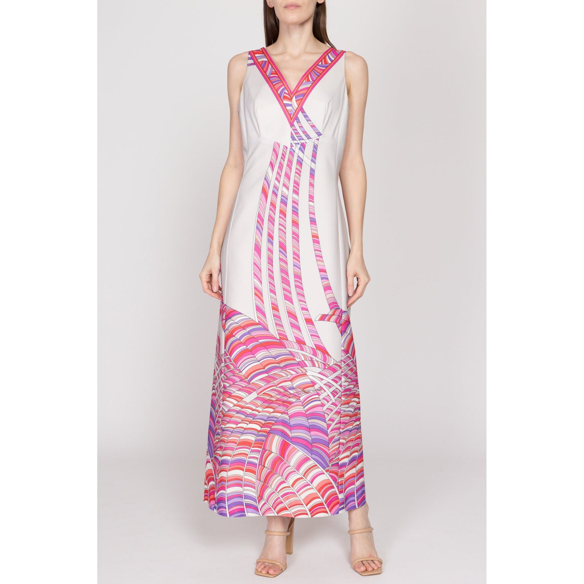 Med-Lrg 70s Psychedelic White & Pink Abstract Print Maxi Dress | Vintage Sleeveless Boho A Line Empire Waist Dress