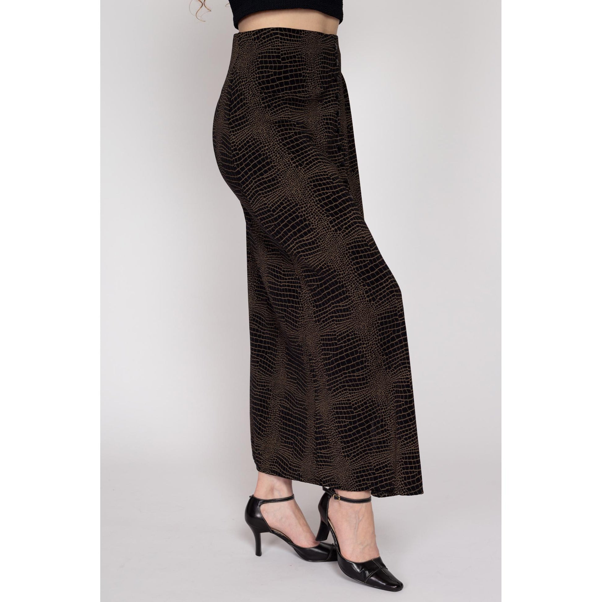 XL-1X 90s Slinky Snakeskin Print Maxi Skirt | Vintage Brown Black Ankle Length Grunge High Waisted Stretchy A Line Skirt