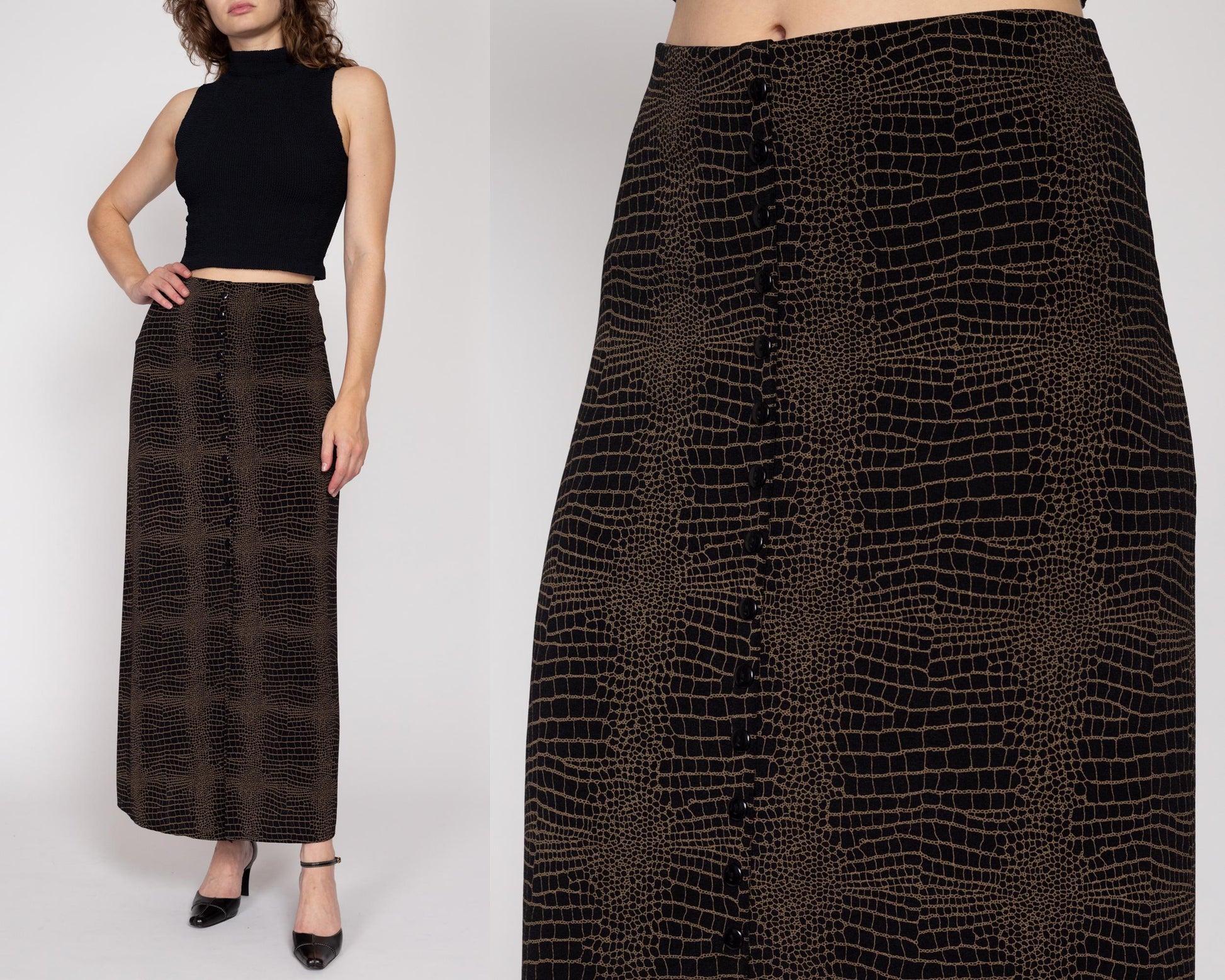 XL-1X 90s Slinky Snakeskin Print Maxi Skirt | Vintage Brown Black Ankle Length Grunge High Waisted Stretchy A Line Skirt