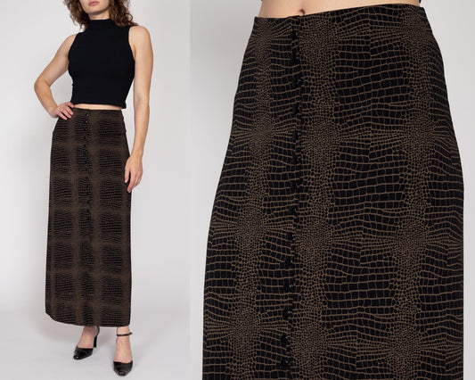 XL-1X 90s Slinky Snakeskin Print Maxi Skirt | Vintage Brown Black Ankle Length Grunge High Waisted Stretchy A Line Skirt