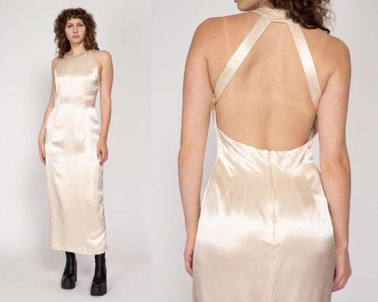 Medium 90s Champagne Satin Backless Evening Gown | Vintage Keyhole Back Formal Maxi Party Dress