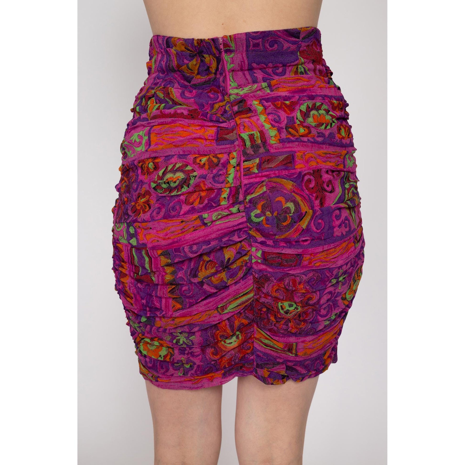 Medium 80s Hot Pink Batik Ruched Mini Skirt | Vintage Super High Waist Fitted Floral Print Skirt