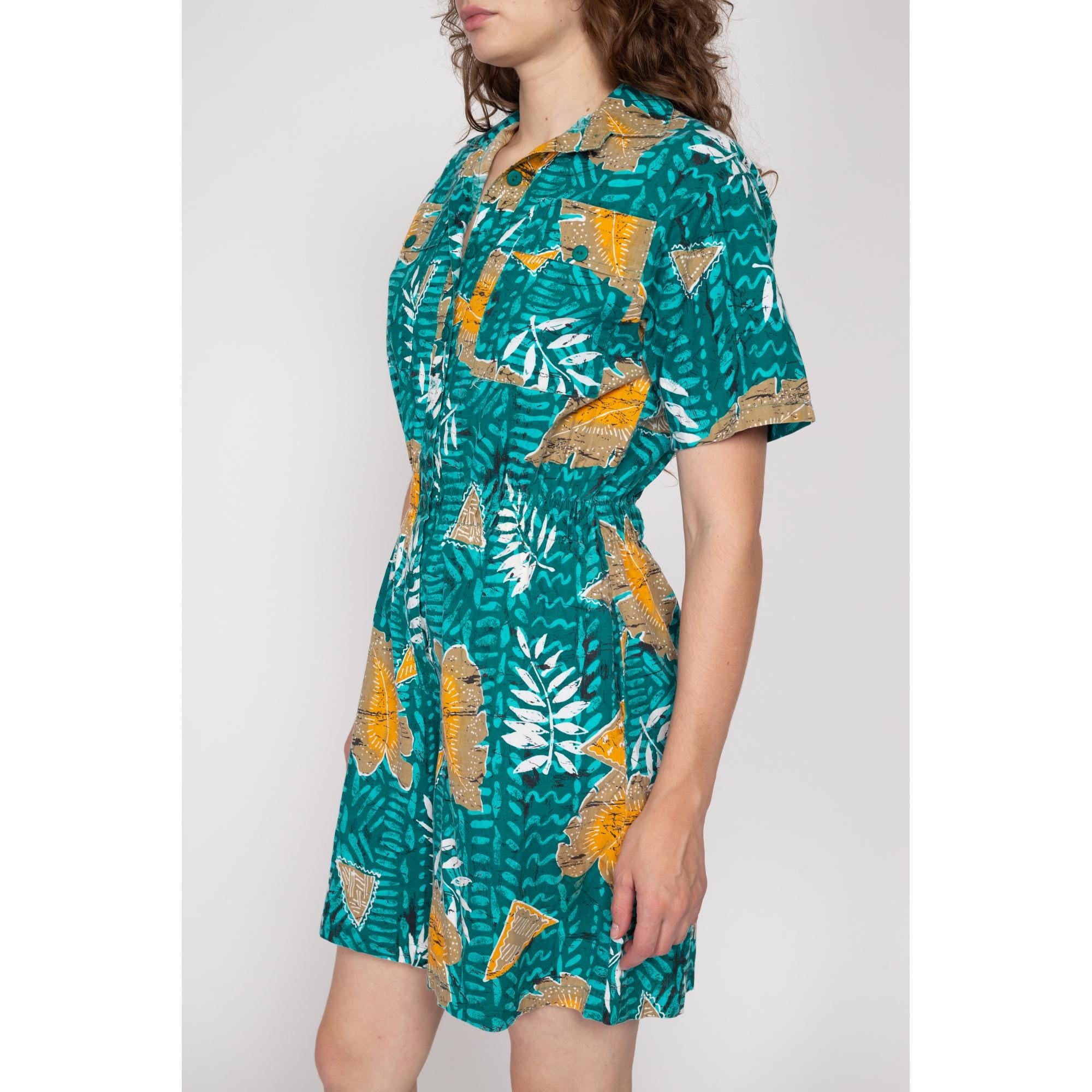 Vintage PAQUETTE too! 90s button down teal tropical dress hot