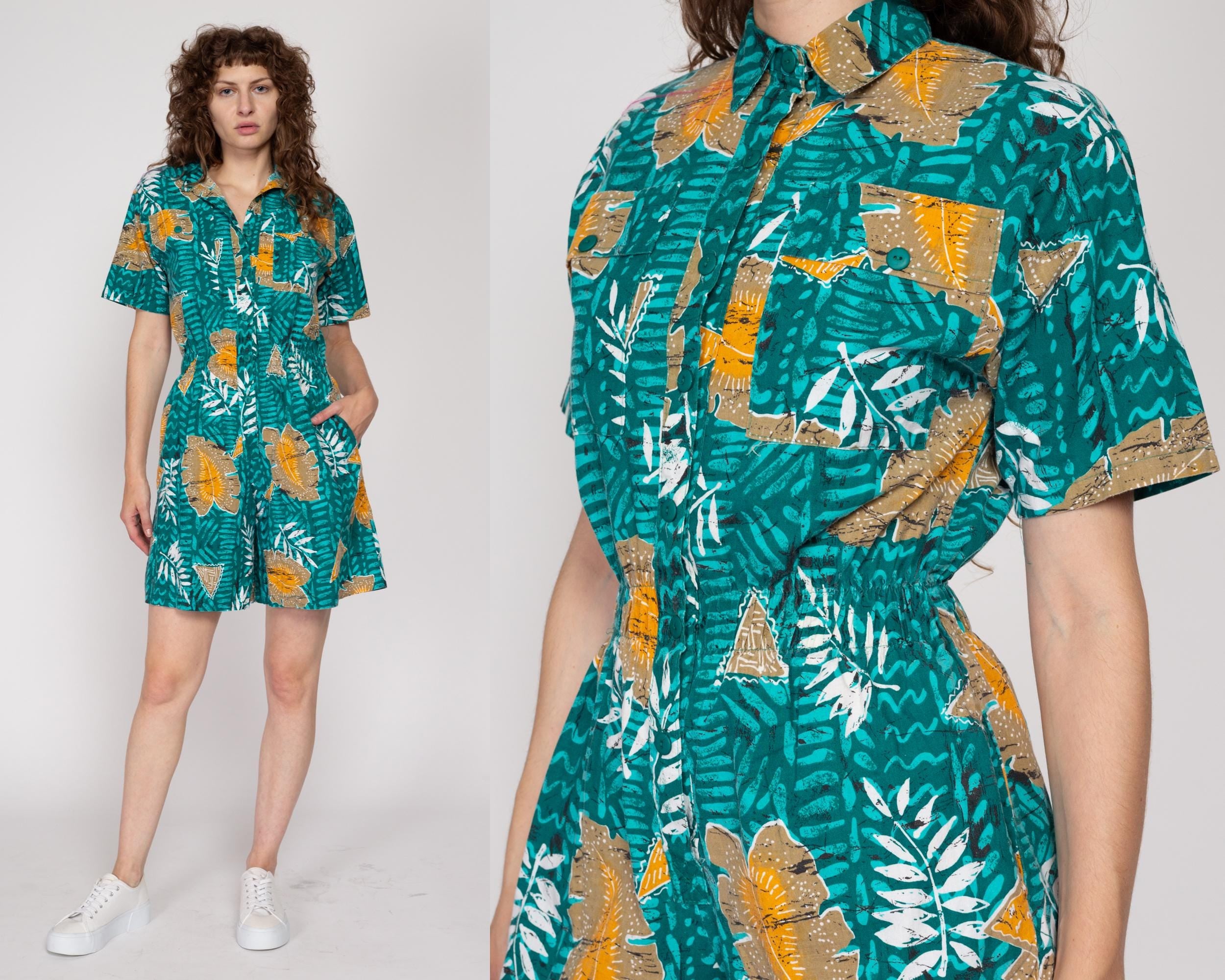 Vintage PAQUETTE too! 90s button down teal tropical dress hot