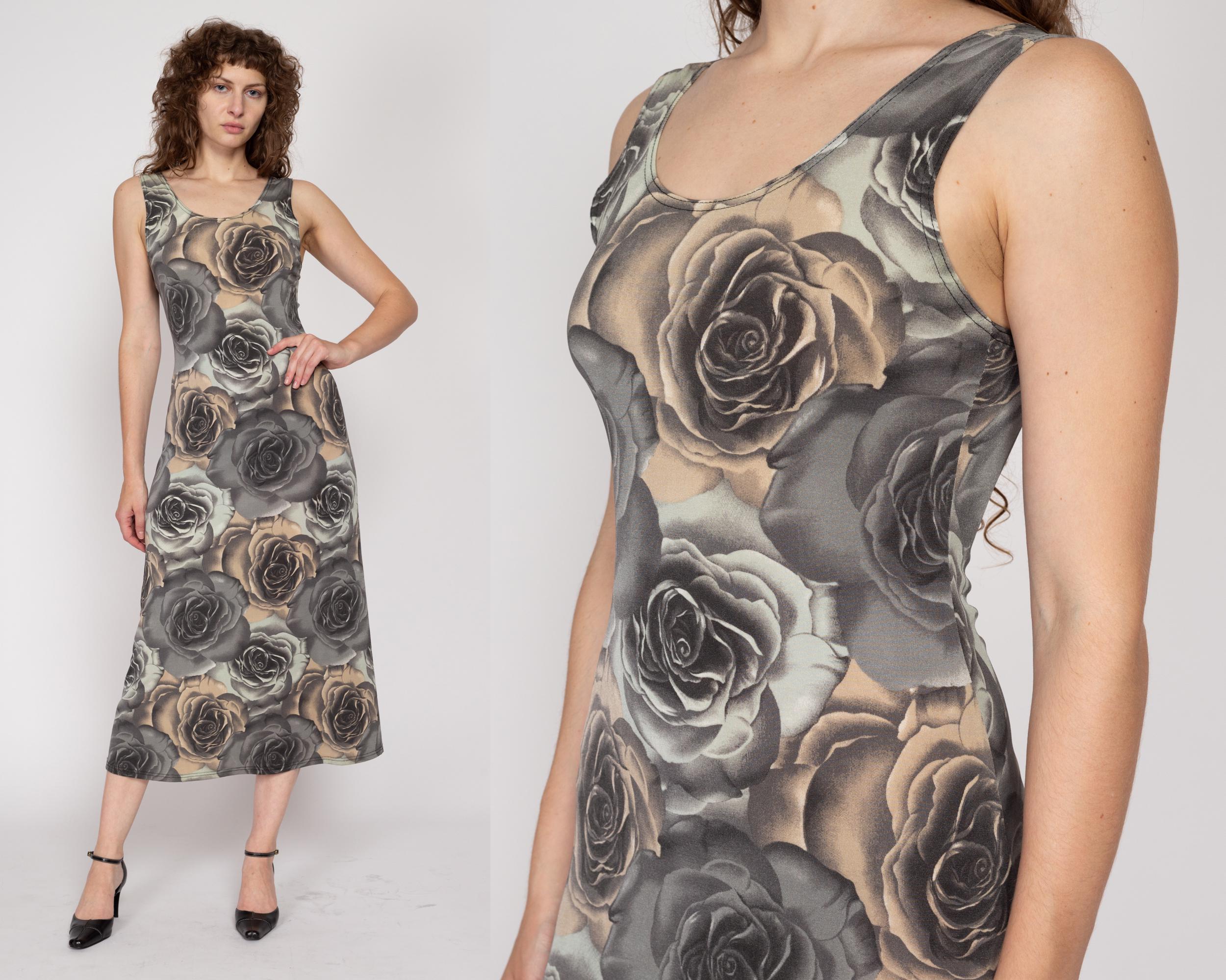 Flying Apple Vintage Medium 90s Rose Print Grey Floral Tank Dress