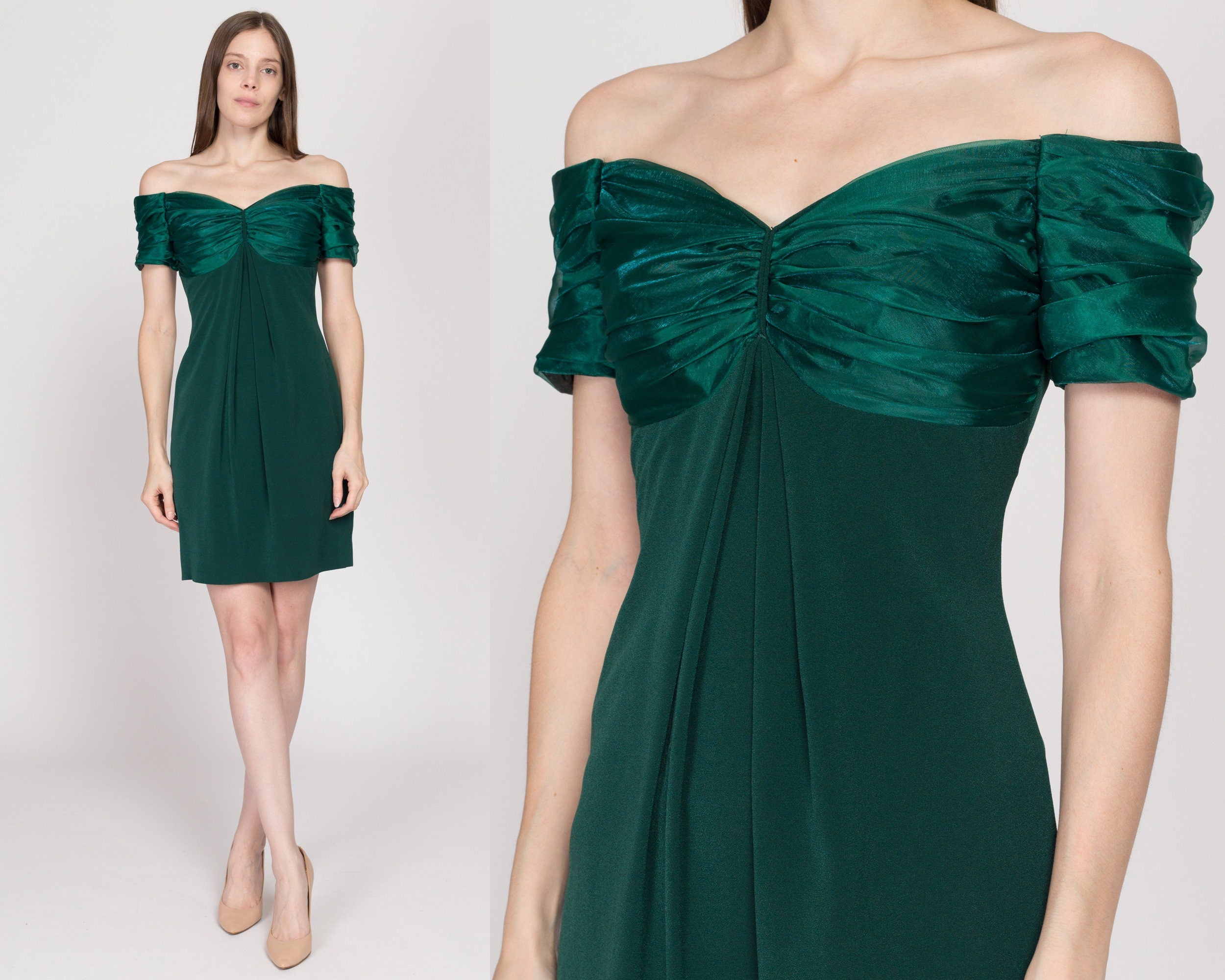 XS 90s Emerald Green Off-Shoulder Party Dress – Flying Apple Vintage