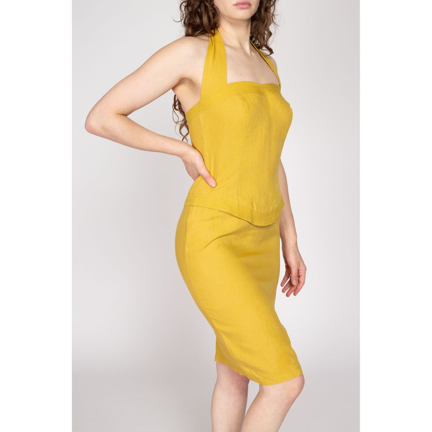 Small 90s Mustard Yellow Linen Halter Dress | Vintage Fitted Cocktail Party Mini Dress